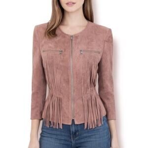 BCBGMAXAZRIA Reiss Fitted Fringe Jacket Toffee Faux Suede Leather Size Small